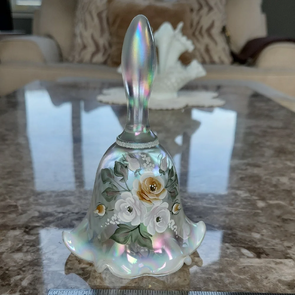 Fenton 95th Anniversary, Irredescent Hand Painted Glass Bell, 6 1/2